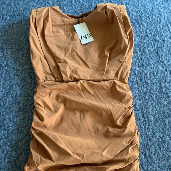NWT Zara Open Back Gathered with Cinching Brown Stretch Dress, sz Large - Picture 4 of 9